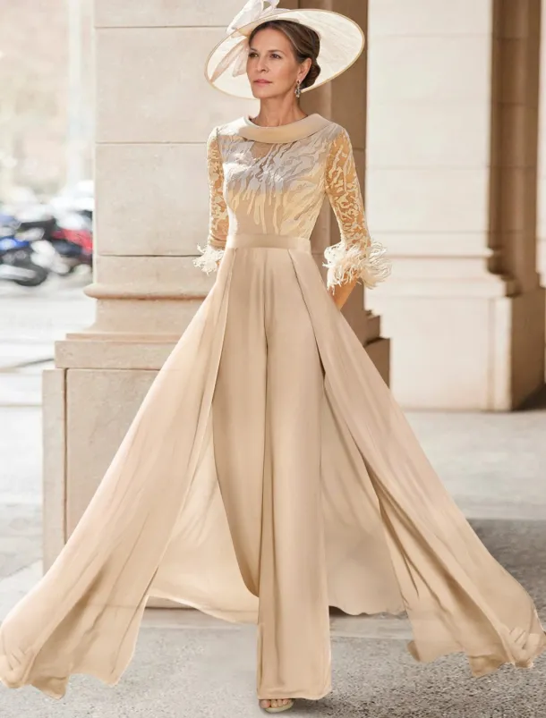 Jumpsuit / Pantsuit Mother of the Bride Beach Wedding Elegant Vintage Jewel Neck Floor Length Chiffon Half Sleeve with Feather Sequin Appliques