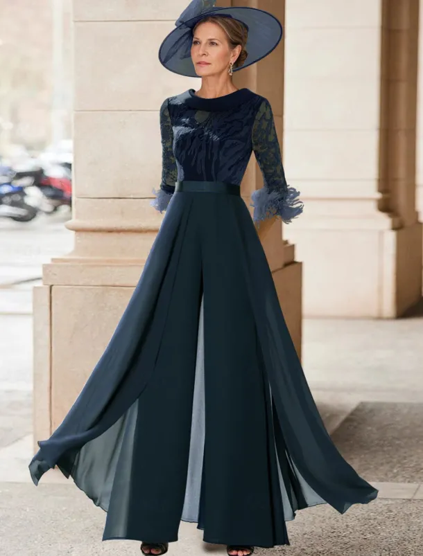 Jumpsuit / Pantsuit Mother of the Bride Beach Wedding Elegant Vintage Jewel Neck Floor Length Chiffon Half Sleeve with Feather Sequin Appliques