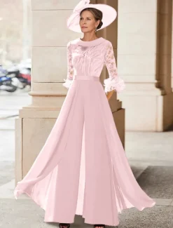 Jumpsuit / Pantsuit Mother of the Bride Beach Wedding Elegant Vintage Jewel Neck Floor Length Chiffon Half Sleeve with Feather Sequin Appliques