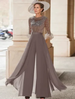 Jumpsuit / Pantsuit Mother of the Bride Beach Wedding Elegant Vintage Jewel Neck Floor Length Chiffon Half Sleeve with Feather Sequin Appliques