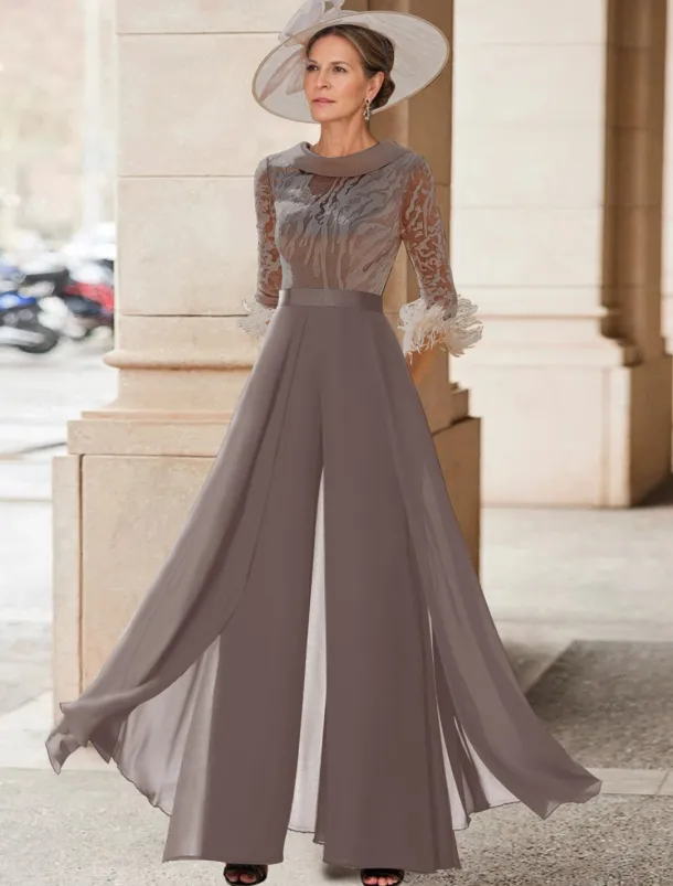 Jumpsuit / Pantsuit Mother of the Bride Beach Wedding Elegant Vintage Jewel Neck Floor Length Chiffon Half Sleeve with Feather Sequin Appliques