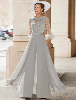 Jumpsuit / Pantsuit Mother of the Bride Beach Wedding Elegant Vintage Jewel Neck Floor Length Chiffon Half Sleeve with Feather Sequin Appliques