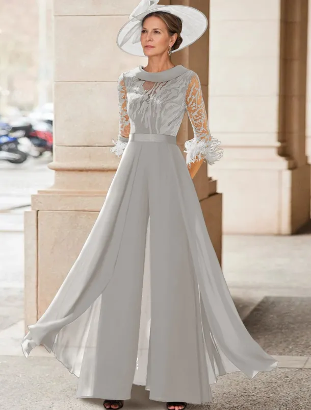 Jumpsuit / Pantsuit Mother of the Bride Beach Wedding Elegant Vintage Jewel Neck Floor Length Chiffon Half Sleeve with Feather Sequin Appliques