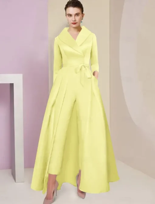 Jumpsuit / Pantsuit Mother of the Bride Tuxedo Formal Wedding Guest Elegant Party Simple Shirt Collar Ankle Length Satin 3/4 Length Sleeve with Bow(s) free custom size