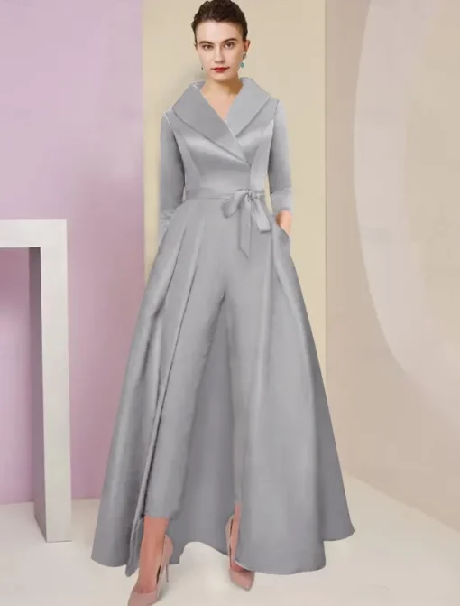 Jumpsuit / Pantsuit Mother of the Bride Tuxedo Formal Wedding Guest Elegant Party Simple Shirt Collar Ankle Length Satin 3/4 Length Sleeve with Bow(s) free custom size