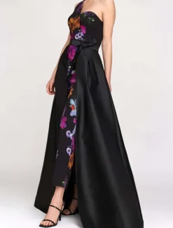 Jumpsuit / Pantsuit Mother of the Bride Floral Print Elegant Simple Minimalist One Shoulder Floor Length Satin Sleeveless with Sash / Ribbon Wedding Guest Dress