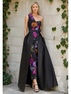 Jumpsuit / Pantsuit Mother of the Bride Floral Print Elegant Simple Minimalist One Shoulder Floor Length Satin Sleeveless with Sash / Ribbon Wedding Guest Dress