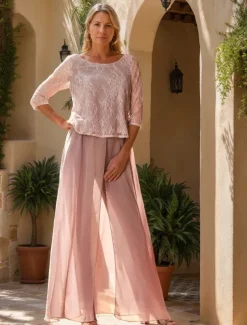 Jumpsuit / Pantsuit Mother of the Bride Jumpsuit Elegant Simple Minimalist Crew Neck Floor Length Chiffon Half Sleeve with Lace