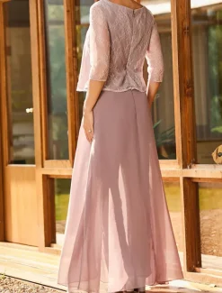 Jumpsuit / Pantsuit Mother of the Bride Jumpsuit Elegant Simple Minimalist Crew Neck Floor Length Chiffon Half Sleeve with Lace