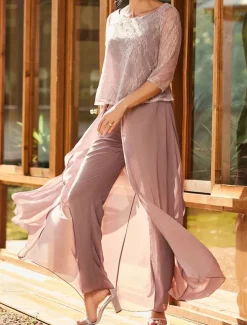 Jumpsuit / Pantsuit Mother of the Bride Jumpsuit Elegant Simple Minimalist Crew Neck Floor Length Chiffon Half Sleeve with Lace