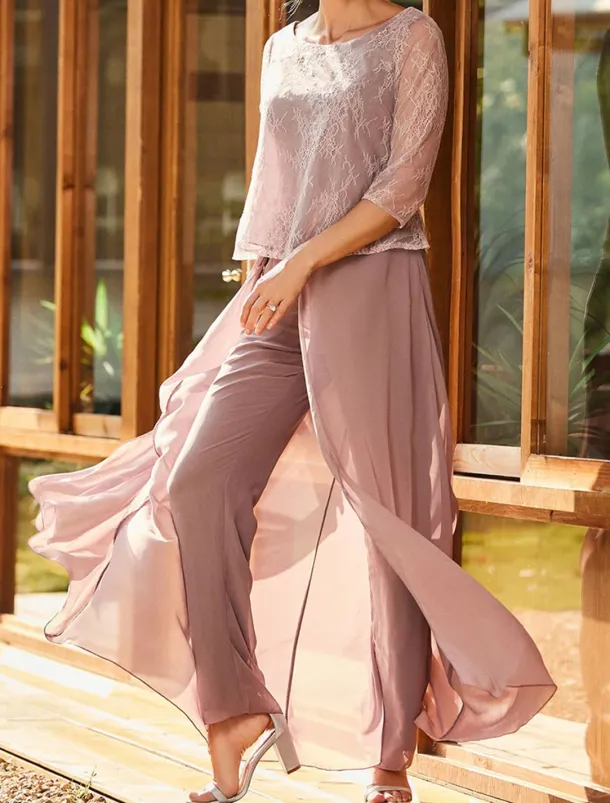 Jumpsuit / Pantsuit Mother of the Bride Jumpsuit Elegant Simple Minimalist Crew Neck Floor Length Chiffon Half Sleeve with Lace