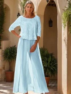 Jumpsuit / Pantsuit Mother of the Bride Jumpsuit Elegant Simple Minimalist Crew Neck Floor Length Chiffon Half Sleeve with Lace