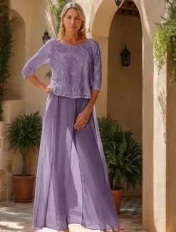 Jumpsuit / Pantsuit Mother of the Bride Jumpsuit Elegant Simple Minimalist Crew Neck Floor Length Chiffon Half Sleeve with Lace