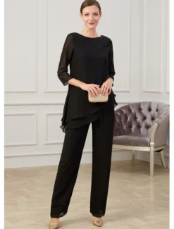 Jumpsuit / Pantsuit Mother of the Bride Elegant Jewel Neck Floor Length Chiffon Half Sleeve with Ruching free custom size