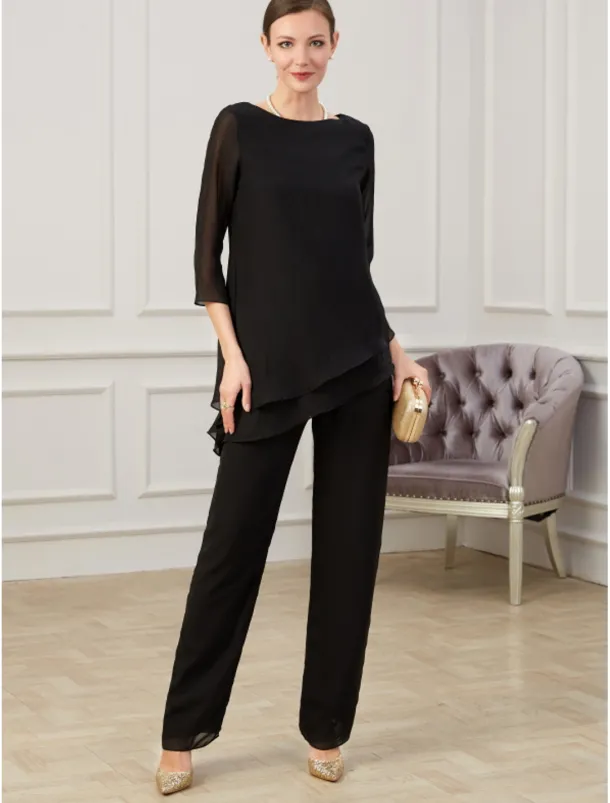 Jumpsuit / Pantsuit Mother of the Bride Elegant Jewel Neck Floor Length Chiffon Half Sleeve with Ruching free custom size