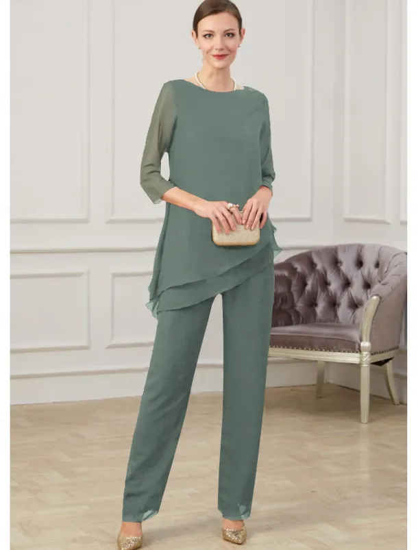 Jumpsuit / Pantsuit Mother of the Bride Elegant Jewel Neck Floor Length Chiffon Half Sleeve with Ruching free custom size