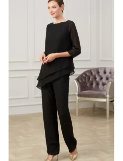 Jumpsuit / Pantsuit Mother of the Bride Elegant Jewel Neck Floor Length Chiffon Half Sleeve with Ruching free custom size