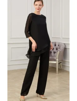 Jumpsuit / Pantsuit Mother of the Bride Elegant Jewel Neck Floor Length Chiffon Half Sleeve with Ruching free custom size