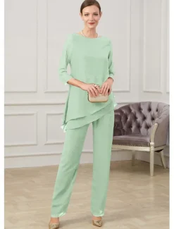 Jumpsuit / Pantsuit Mother of the Bride Elegant Jewel Neck Floor Length Chiffon Half Sleeve with Ruching free custom size