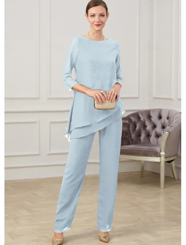 Jumpsuit / Pantsuit Mother of the Bride Elegant Jewel Neck Floor Length Chiffon Half Sleeve with Ruching free custom size