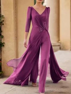 Jumpsuit / Pantsuit Mother of the Bride Formal Wedding Guest Elegant Straight Neckline V Neck Floor Length Chiffon 3/4 Length Sleeve with Ruched Cascading Ruffles free custom size