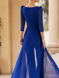 Jumpsuit / Pantsuit Mother of the Bride Formal Wedding Guest Elegant Straight Neckline V Neck Floor Length Chiffon 3/4 Length Sleeve with Ruched Cascading Ruffles free custom size