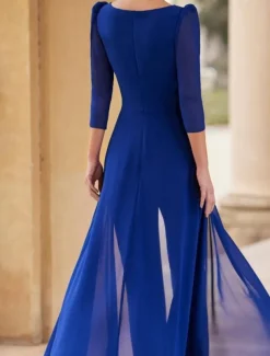 Jumpsuit / Pantsuit Mother of the Bride Formal Wedding Guest Elegant Straight Neckline V Neck Floor Length Chiffon 3/4 Length Sleeve with Ruched Cascading Ruffles free custom size