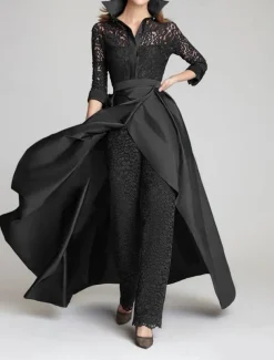 Jumpsuit / Pantsuit Mother of the Bride Formal Wedding Guest Vintage Party Shirt Collar Floor Length Satin Lace 3/4 Length Sleeve with Ruching free custom size