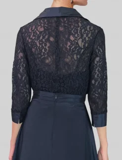 Jumpsuit / Pantsuit Mother of the Bride Formal Wedding Guest Vintage Party Shirt Collar Floor Length Satin Lace 3/4 Length Sleeve with Ruching free custom size