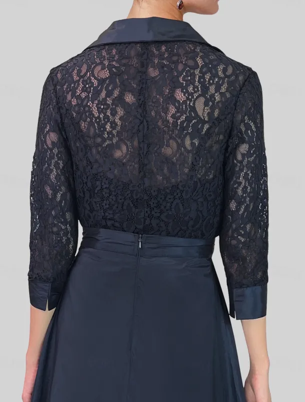 Jumpsuit / Pantsuit Mother of the Bride Formal Wedding Guest Vintage Party Shirt Collar Floor Length Satin Lace 3/4 Length Sleeve with Ruching free custom size