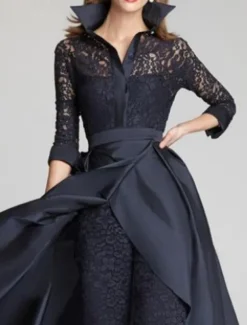 Jumpsuit / Pantsuit Mother of the Bride Formal Wedding Guest Vintage Party Shirt Collar Floor Length Satin Lace 3/4 Length Sleeve with Ruching free custom size