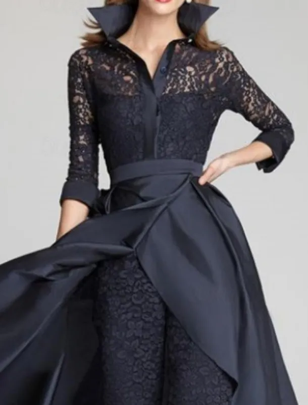 Jumpsuit / Pantsuit Mother of the Bride Formal Wedding Guest Vintage Party Shirt Collar Floor Length Satin Lace 3/4 Length Sleeve with Ruching free custom size
