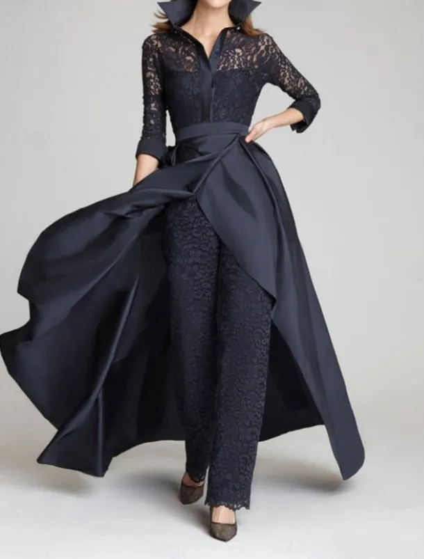 Jumpsuit / Pantsuit Mother of the Bride Formal Wedding Guest Vintage Party Shirt Collar Floor Length Satin Lace 3/4 Length Sleeve with Ruching free custom size