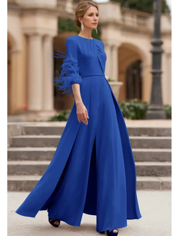 Jumpsuit Formal Wedding Mother of the Bride Elegant Vintage Floor Length Stretch Chiffon Half Sleeve with Race Day Dress