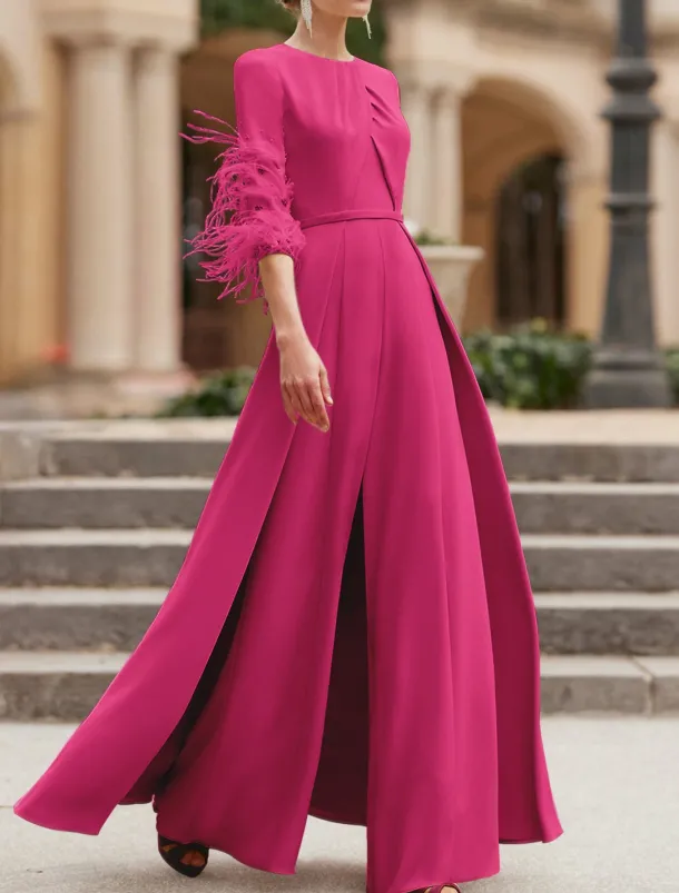Jumpsuit Formal Wedding Mother of the Bride Elegant Vintage Floor Length Stretch Chiffon Half Sleeve with Race Day Dress