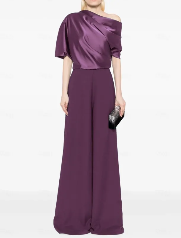 Jumpsuit Mother of the Bride Dress Wedding Guest Simple Minimalist One Shoulder Floor Length Satin Stretch Fabric Short Sleeve with Ruched