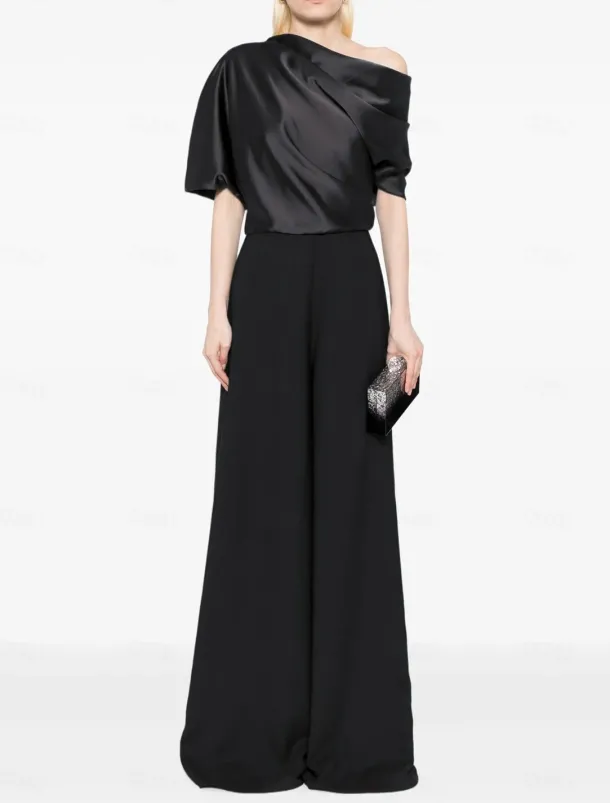 Jumpsuit Mother of the Bride Dress Wedding Guest Simple Minimalist One Shoulder Floor Length Satin Stretch Fabric Short Sleeve with Ruched