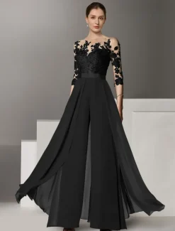 Jumpsuit Mother of the Bride Formal Wedding Guest Elegant Party Scoop Neck Ankle Length Chiffon Lace 3/4 Length Sleeve with Appliques