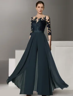 Jumpsuit Mother of the Bride Formal Wedding Guest Elegant Party Scoop Neck Ankle Length Chiffon Lace 3/4 Length Sleeve with Appliques