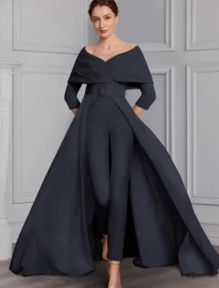 Jumpsuit Mother of the Bride Formal Wedding Guest Elegant Party Scoop Neck Off Shoulder Ankle Length Stretch Fabric 3/4 Length Sleeve with Sash / Ribbon