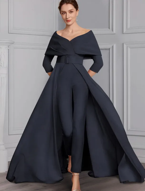 Jumpsuit Mother of the Bride Formal Wedding Guest Elegant Party Scoop Neck Off Shoulder Ankle Length Stretch Fabric 3/4 Length Sleeve with Sash / Ribbon