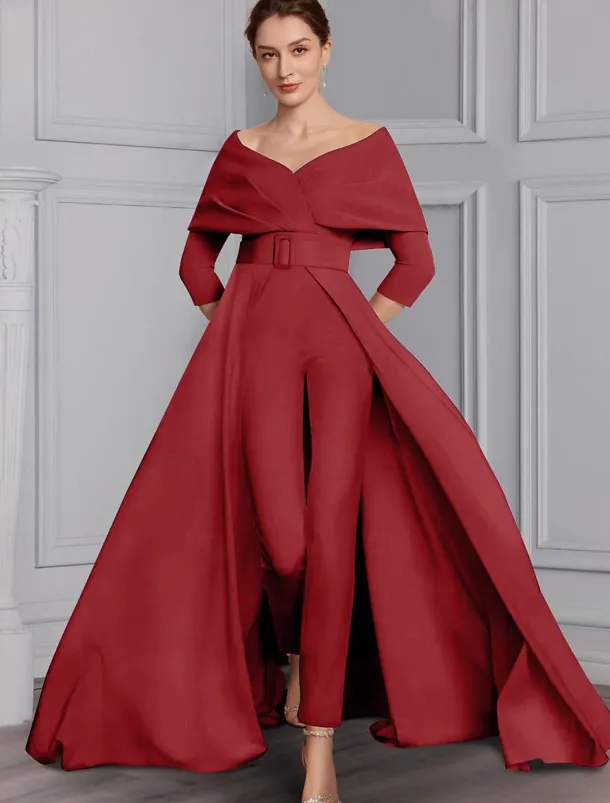 Jumpsuit Mother of the Bride Formal Wedding Guest Elegant Party Scoop Neck Off Shoulder Ankle Length Stretch Fabric 3/4 Length Sleeve with Sash / Ribbon