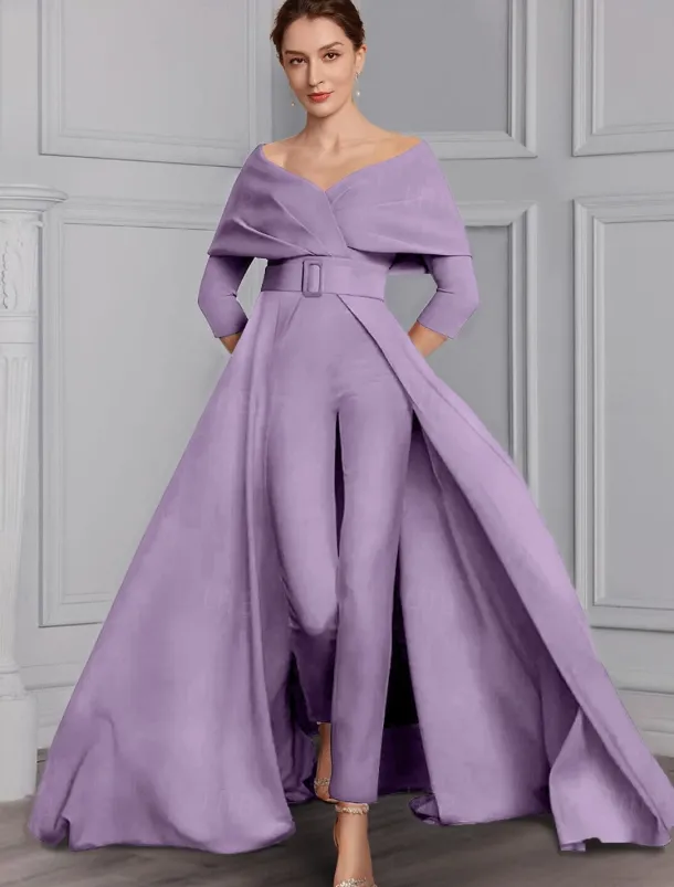 Jumpsuit Mother of the Bride Formal Wedding Guest Elegant Party Scoop Neck Off Shoulder Ankle Length Stretch Fabric 3/4 Length Sleeve with Sash / Ribbon