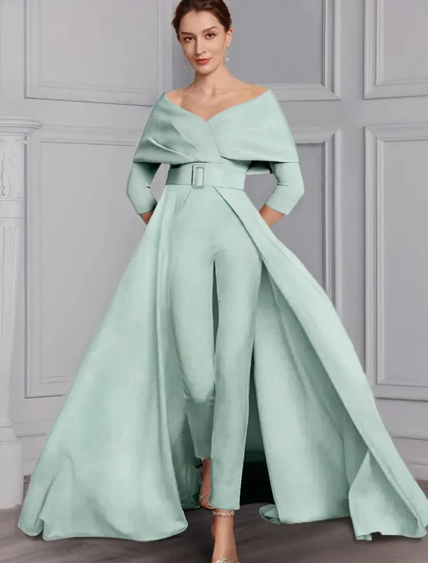 Jumpsuit Mother of the Bride Formal Wedding Guest Elegant Party Scoop Neck Off Shoulder Ankle Length Stretch Fabric 3/4 Length Sleeve with Sash / Ribbon