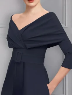 Jumpsuit Mother of the Bride Formal Wedding Guest Elegant Party Scoop Neck Off Shoulder Ankle Length Stretch Fabric 3/4 Length Sleeve with Sash / Ribbon