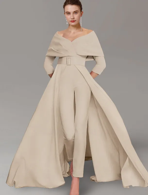 Jumpsuit Mother of the Bride Formal Wedding Guest Elegant Party Scoop Neck Off Shoulder Ankle Length Stretch Fabric 3/4 Length Sleeve with Sash / Ribbon