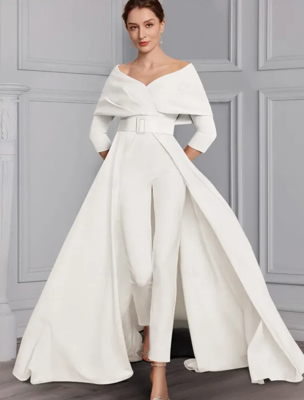 Jumpsuit Mother of the Bride Formal Wedding Guest Elegant Party Scoop Neck Off Shoulder Ankle Length Stretch Fabric 3/4 Length Sleeve with Sash / Ribbon