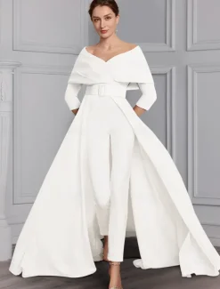 Jumpsuit Mother of the Bride Formal Wedding Guest Elegant Party Scoop Neck Off Shoulder Ankle Length Stretch Fabric 3/4 Length Sleeve with Sash / Ribbon