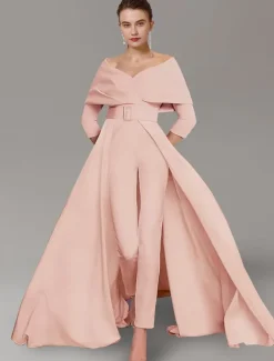 Jumpsuit Mother of the Bride Formal Wedding Guest Elegant Party Scoop Neck Off Shoulder Ankle Length Stretch Fabric 3/4 Length Sleeve with Sash / Ribbon
