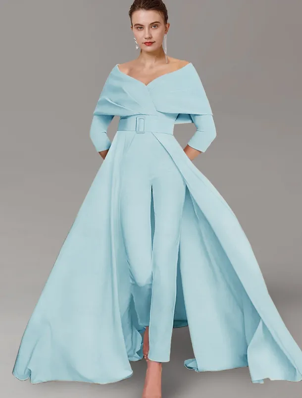Jumpsuit Mother of the Bride Formal Wedding Guest Elegant Party Scoop Neck Off Shoulder Ankle Length Stretch Fabric 3/4 Length Sleeve with Sash / Ribbon